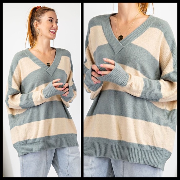 EASEL Wide Striped Sweater Ribbed Hems Wide Neckline Long Loose Fit Tunic Style - Picture 10 of 14